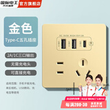国际电工双USB插座面板20W快充墙壁无需充电头Type-c家用五孔插座快充面板 五孔2.1A双USB+type-c【金色】