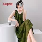 古今（GUJIN）显白墨绿凉感绵绸夏季上新睡裙女时尚沙滩裙国风可外穿连衣裙睡衣