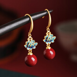 小银匠朱砂莲花S925银耳环女款新中式国风红色复古珐琅耳坠耳饰耳钉礼物