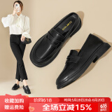 ZHR乐福鞋女真牛皮英伦单鞋女新品复古厚底小皮鞋蝴蝶结一脚蹬鞋子女 黑色（简约款） 37码