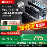 优盟（UM）消毒柜家用 嵌入式消毒碗柜小型厨房三层毛巾婴儿碗筷餐具奶瓶高温紫外线厨房碗柜 二星级 120L 三抽 304不锈钢一体碗架331