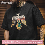 马登工装 美式复古印第安雷鸟T恤棉重磅民族风刺绣印花短袖男夏季 静谧黑 L