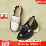 百思图商场同款时尚学院蝴蝶结乐福鞋女单鞋WA399AA4 黑色 36