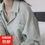 棉麻衬衫女夏小个子开衫罩衫泡泡袖宽松衬衣长袖薄款外套上衣 绿色 2XL