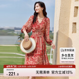 尚都比拉春秋中长款印花红色连衣裙气质女神范显瘦度假裙子 红花 M 