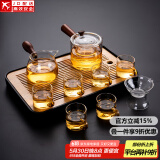 透明玻璃茶具套装家用日式现代简约带内胆过滤泡茶壶茶盘托盘茶杯 直觉壶(金/把杯)套装_长方(琴韵)密胺/黑