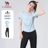 骆驼（CAMEL）户外晨跑运动服女休闲短袖两件套装 Y23BA0L6059C5 水波蓝 M