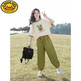G.duck女童短袖套装夏装2025新款t恤半袖上衣中大童女装夏季女孩儿童装 牛油果绿套装 【T恤+裤子】 160 cm