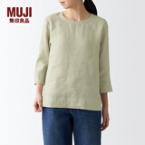 无印良品 MUJI 女式 亚麻水洗 七分袖罩衫 T恤 亚麻上衣 BCA25C2S 淡绿色 S(155/80A)