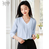 初申春秋长袖衬衫女时尚设计感气质V领雪纺衬衣上衣S141C2092