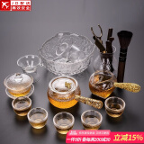 正扬玻璃功夫茶具套装家用锤纹花梨木双侧把泡茶壶耐热茶杯办公整套小 15头 锤侧金+8高碗+盖茶道洗