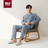 MUJI[自营限定款]男士无侧缝 双层纱织睡衣 纯棉家居服 藏青色格纹 S