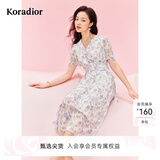 珂莱蒂尔[瑰丽小蛮腰]夏通勤茶歇印花优雅气质独特连衣裙 淡蓝 L