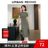 UR夏季新款女装时尚褶皱收腰修身圆领短袖连衣裙UWG740021 灰绿 XL