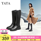 他她（TATA）黑色V口长筒靴女英伦加绒抗寒高筒靴骑士靴冬季G5JA1DG2 黑色（单里） 38