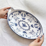几物森林 双耳鱼盘陶瓷蒸鱼盘家用盘子西餐盘饺子盘酒店商用 青花12英寸