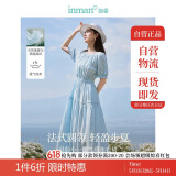 茵曼优雅亚麻提花女装纯色连衣裙夏季松紧收腰中长裙子 浅蓝色 XL