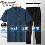 啄木鸟爸爸夏装套装冰丝短袖t恤凉感中老年人衣服夏季polo衫50-60岁爷爷 525哈青+冰丝长裤两件套 L 175【建议115-135斤】