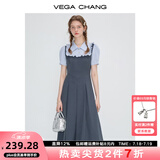 VEGA CHANG法式连衣裙女2025夏季新款假两件显瘦学院风短袖长裙 陨石灰（花边领） M