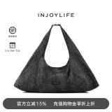 INJOYLIFE牛仔系列丹宁气囊包骑行斜挎包复古轻便旅行包大容量单肩包 黑灰 大包