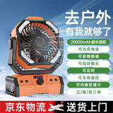 syouran户外露营风扇充电风扇超长续航大风力野外帐篷垂钓鱼大容量锂电池宿舍用桌面充电宝三合一无线便携 橙色【2万毫安/摇头定时/照明/充电宝】多用途