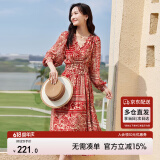 尚都比拉春秋中长款印花红色连衣裙气质女神范显瘦度假裙子 红花 S 