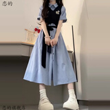 恋的连衣裙夏季2025新款法式长裙学生少女小个子高中初中女生夏天裙子 假两件蓝色 均码 (可备注码数)
