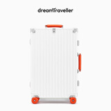 梦旅者新款撞色复古行李箱铝框拉杆箱万向轮高颜值旅行箱男女密码箱皮箱 升级版白配橙卡扣 28英寸 （轴承减震轮+个性撞色）