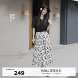伊芙丽（eifini）伊芙丽分层式蛋糕黑白花A型长款半身裙2024夏装新款休闲茶歇裙子 黑色 M 105-120斤