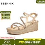 天美意凉鞋女商场同款坡跟厚底增高文艺女鞋CVK12BL3 杏色 38