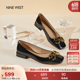 NINE WEST/玖熙低跟单鞋牛漆皮浅口方头金属饰扣工作女鞋NF445006FK 黑色36