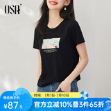 欧莎（OSA）T恤女士夏季新款衣服短袖印花上衣体恤修身潮清爽冰瓷棉感 黑色 S