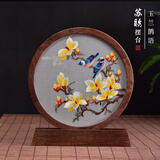 苏绣摆台手工双面绣屏风摆件熊猫台屏中国风送老外纪念乔迁礼品 胡桃木简易摆件-玉兰雀语