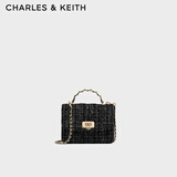 CHARLES&KEITH菱格链条手提斜挎包小方包包女包生日礼物CK2-50701608 Black Tweed黑色/白色 S