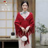 啄木鸟新中式旗袍披肩复古镂空流苏披风薄款旗袍外搭三角巾开衫外套礼物 红色+【送胸针】115*175cm
