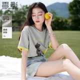 香影【小熊奇遇T】灰色短袖t恤女夏2026新款宽松落肩撞色刺绣上衣 熔岩灰色 S 155/80A/85-95斤