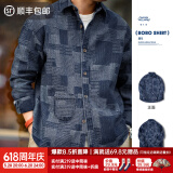 马登工装 美式复古boro蓝染拼接丹宁衬衫百家布牛仔长袖衬衣男春 牛仔蓝 L