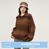 乐町美拉德翻领针织衫女秋冬新款慵懒复古渐变花纱保暖线套衫 红棕色（现货） S