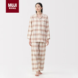 MUJI女式无侧缝法兰绒睡衣女士家居服纯棉冬季套装 粉红色格纹5A L