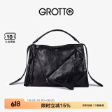 GROTTO个乐翻领包真皮大容量通勤小众机车风手提单肩斜挎包礼物 经典黑(牛皮)  L