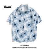 CLOR美式冰丝衬衣男士春夏款薄款短袖衬衫宽松外套CLCX11蓝韵雏花L
