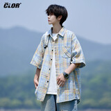 CLOR格子短袖衬衫男士春夏季ins宽松休闲衬衣复古外套CLCX10黄色XL