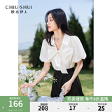 秋水伊人秋水伊人甜美蝴蝶结V领雪纺衫2024夏季新款女花苞袖减龄短袖上衣 米色 M
