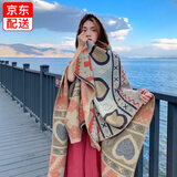 爱心十字印花连帽斗篷披肩女士围巾空调外搭办公室两用春夏款红色保暖披肩毯西藏丽江海边沙漠旅游拍照神器 十字橘色