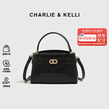 CHARLIE&KELLI CK品牌轻奢包包女包鳄鱼纹凯莉包2025新款手提斜挎包女生日礼物 黑色【京仓配送 赠品牌礼袋】