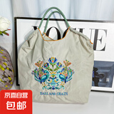 日系Ball chain 2025新款孔雀花刺绣大容量单肩斜挎购物袋 浅灰色孔雀花 中号【不含肩带】