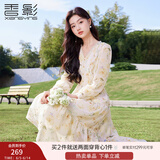 香影碎花v领连衣裙女2025春季新款烫金黄色花朵气质法式雪纺裙子 黄色 S