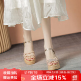 ZHR凉鞋女新品时尚捷克钻一字带坡跟女鞋夏季网红百搭透气罗马鞋子女 香槟色 （后跟6.5CM--搭扣款） 36
