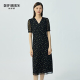 深呼吸DEEP BREATH女装V领中长高腰泡泡袖收腰碎花连衣裙A500197 黑-白花 S (2码)