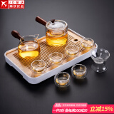 透明玻璃茶具套装家用日式现代简约带内胆过滤泡茶壶茶盘托盘茶杯 直觉壶(六双层杯)套装_长方(琴韵)密胺/白